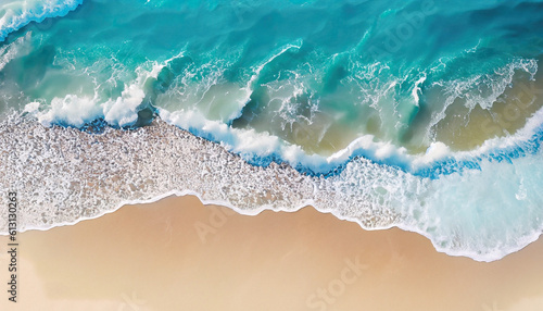 Ocean waves on the beach as a background. Aerial top down view of beach and sea with blue water waves. Beautiful natural summer vacation holidays background, ai