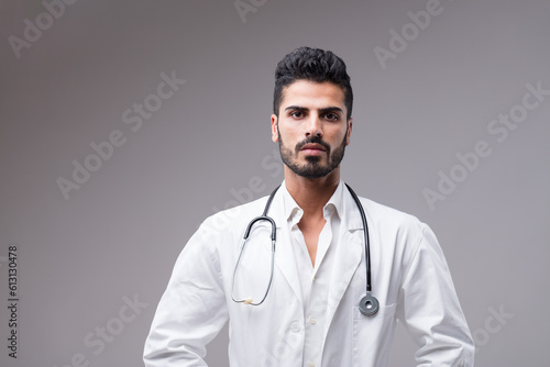 Professional young doctor, dark complexion, serious