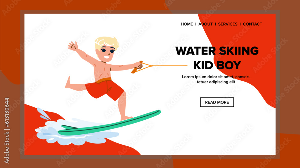 water skiing kid boy vector. child summer, fun holiday, ocean vacation, activity happy, sea young water skiing kid boy web flat cartoon illustration
