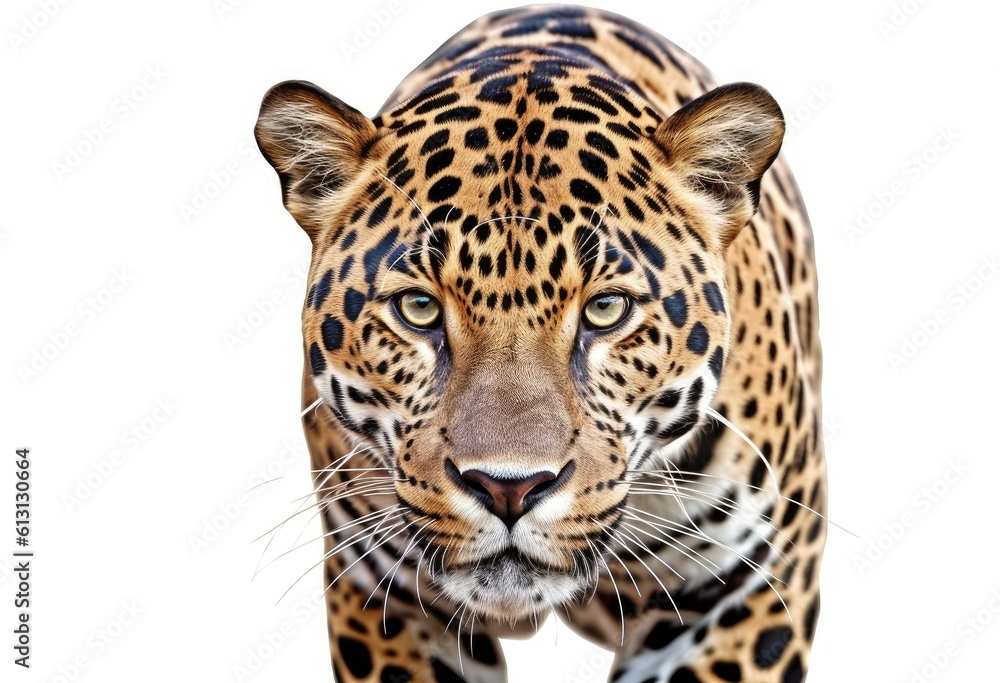 Obraz premium Tiger prowling, approaching and looking at the camera, isolated created with Generative AI technology