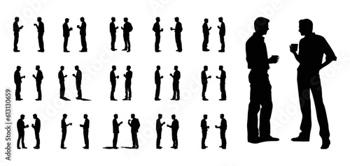 set of silhouettes of various poses of two men standing and talking