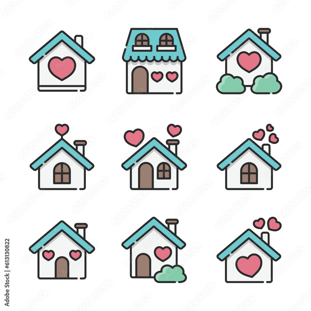 Set of house with heart line art