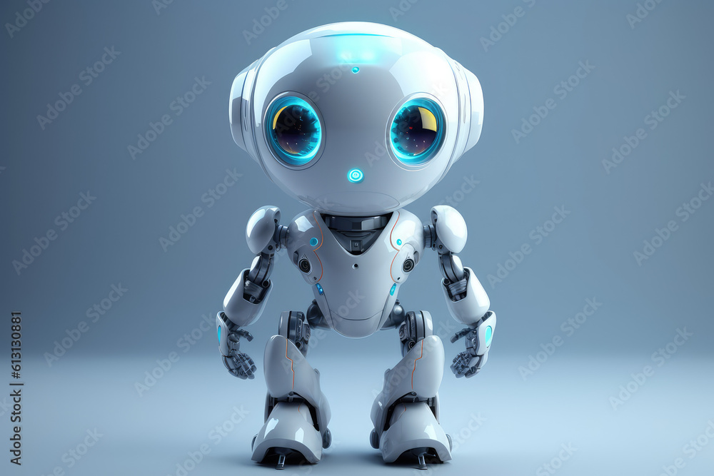 Cute little bright 3D metal robot isolated on a grey background. Creative robot, children's robotics concept, innovation and technology. Generative AI 3d render illustration imitation.