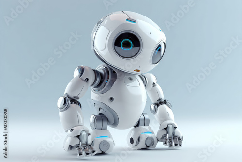 Cute little 3D metal robot isolated on a grey background. Creative robot, children's robotics concept, innovation and technology. Generative AI 3d render illustration imitation. © SnowElf