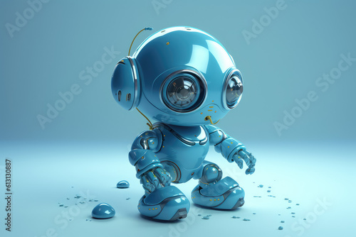 Cute little 3D blue metal robot isolated on a blue background. Creative robot, children's robotics concept, innovation and technology. Generative AI 3d render illustration imitation. © SnowElf