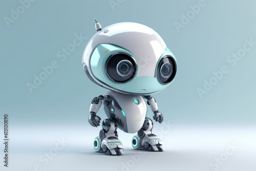 Cute little 3D white metal robot isolated on a blue background. Creative robot, children's robotics concept, innovation and technology. Generative AI 3d render illustration imitation.