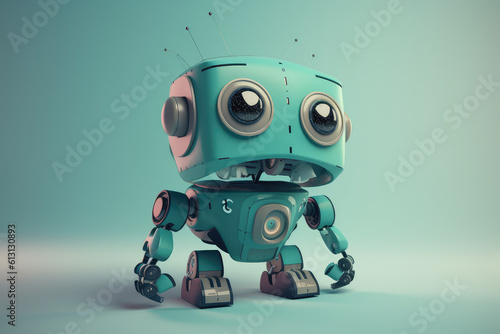 Cute little 3D vintage metal robot isolated on a green background. Creative robot, children's robotics concept, innovation and technology. Generative AI 3d render illustration imitation.