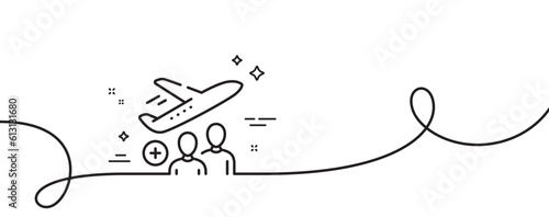 Passengers line icon. Continuous one line with curl. Plane travel flight sign. Airport plane transport symbol. Passenger single outline ribbon. Loop curve pattern. Vector