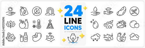 Icons set of Fishfinder, Snow weather and Milk line icons pack for app with Insomnia, Sun protection, Co2 thin outline icon. Startup, Cloudy weather, Organic tested pictogram. Water drop. Vector
