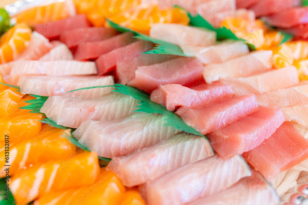 Fresh raw of slice sashimi take away box Fresh raw of slice sashimi take away box