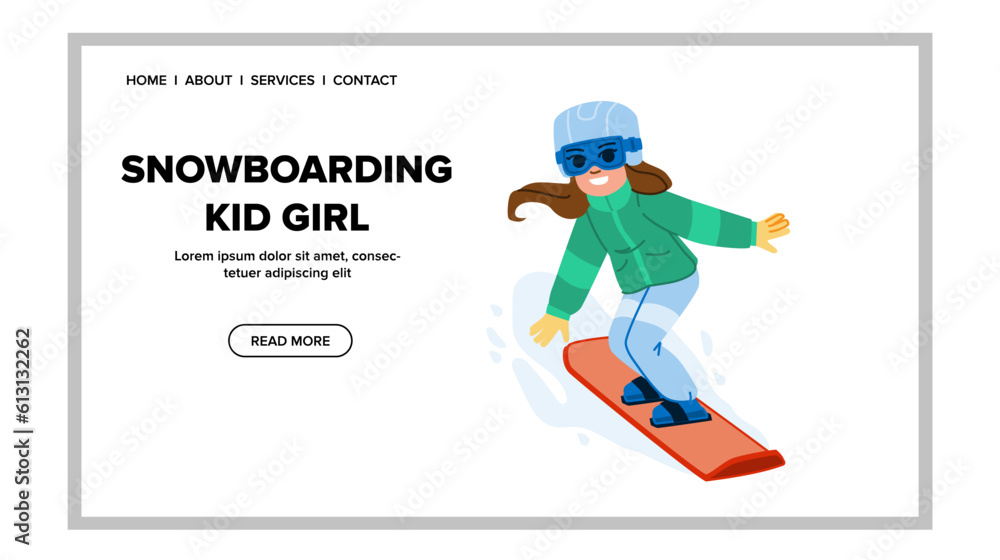 snowboarding kid girl vector. active snowboard, winter season, sport activity, child happy, snow fun snowboarding kid girl web flat cartoon illustration