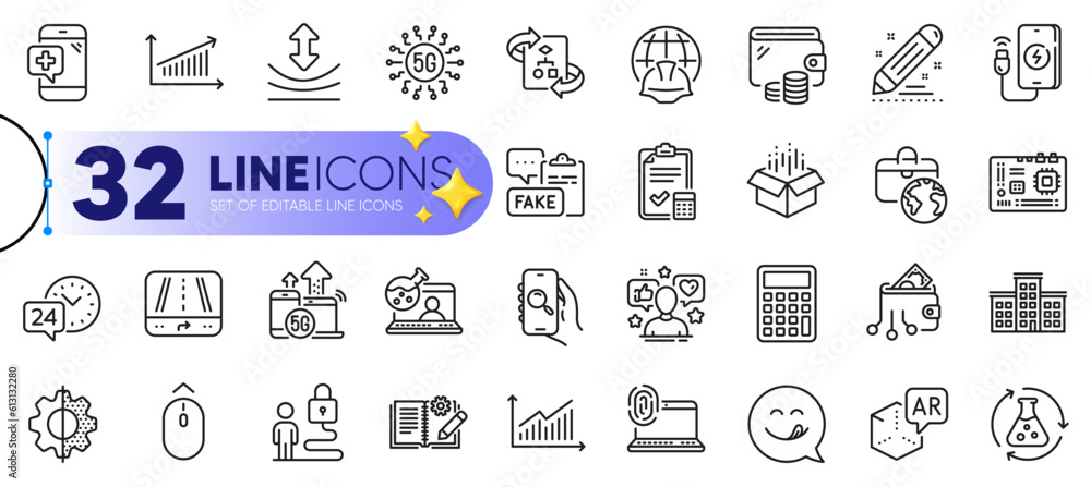 Outline set of Computer fingerprint, Transform and Influence line icons for web with Accounting checklist, Graph, Augmented reality thin icon. Lock, Calculator. Design with yellow 3d stars. Vector