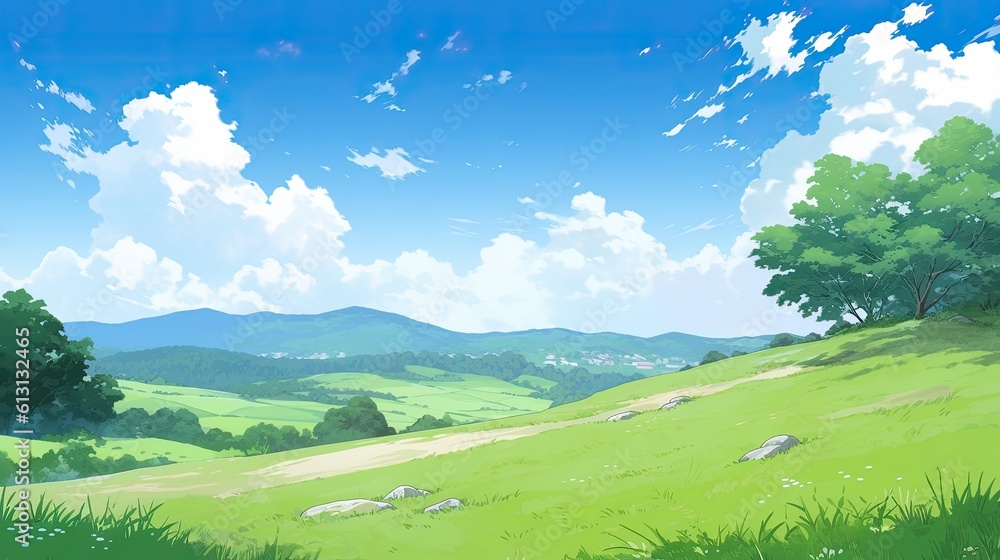 Green meadow with trees and blue sky with clouds