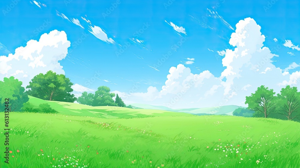 Green meadow with blue sky and white clouds