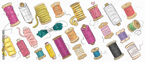 Hand drawn colorful spool of thread set isolated on white background. Sewing supplies. Vector illustration photo