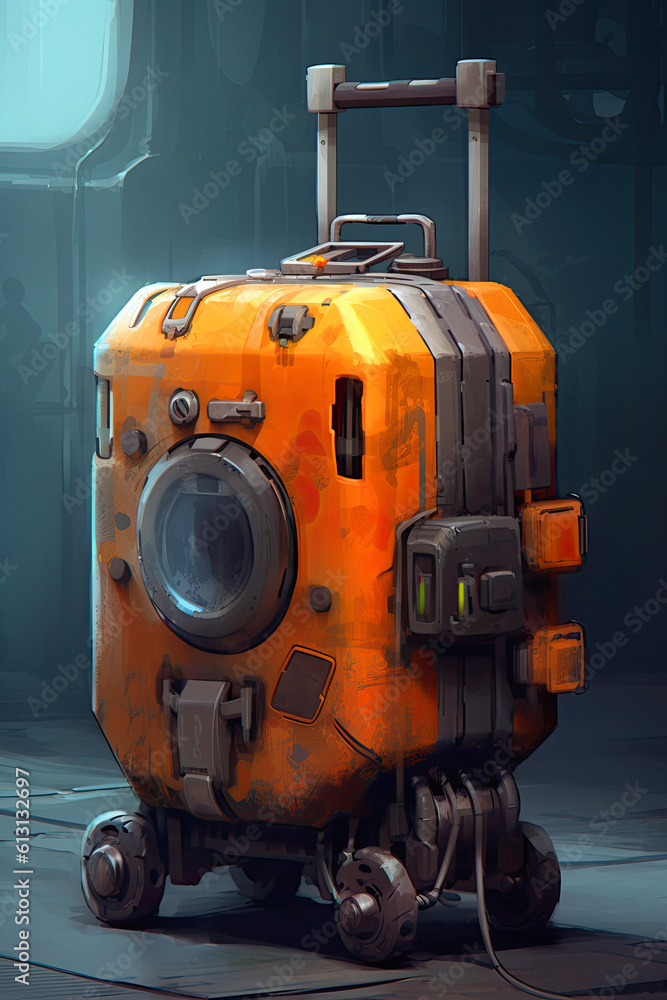 A sturdy futuristic rolling luggage in cartoon style, ai generative A sturdy futuristic rolling luggage in cartoon style, ai generative