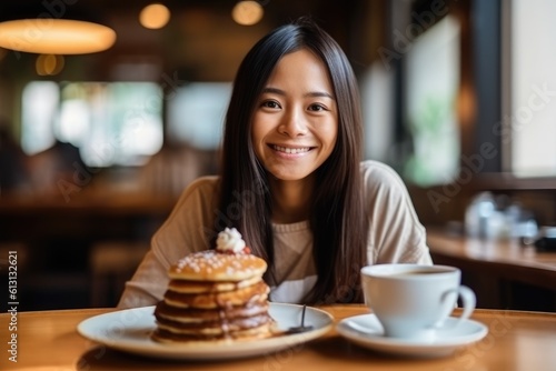 A woman eating pancakes with syrup in cafe  AI Generative