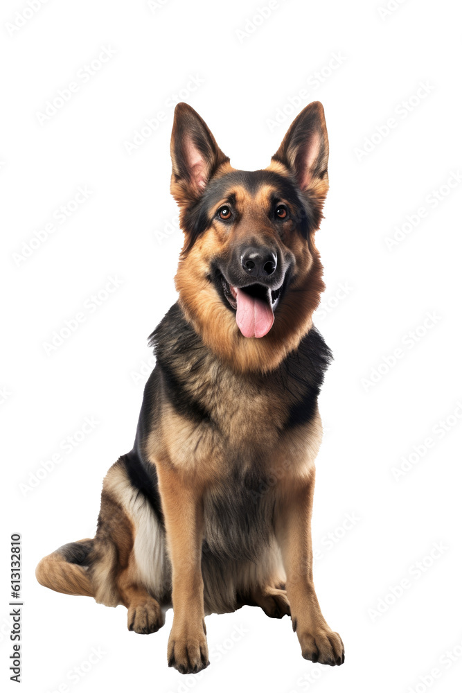 A cute german shepperd with brown and black fur sitting, isolated (Generative AI, Generativ, KI)

