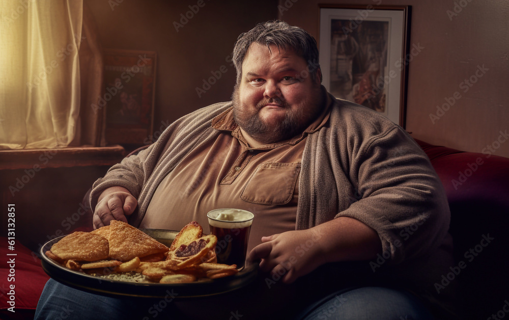 Very fat man with junk food in front of him - ai generative