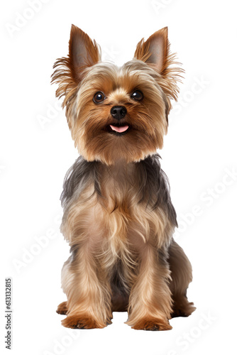 A young cute yorkshire terrier with black and brown fur sits and sticks out its tongue, isolated (Generative AI, Generativ, KI) photo