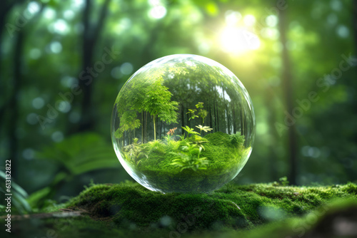 glass sphere in green forest. Created with AI. © MariaEugenia