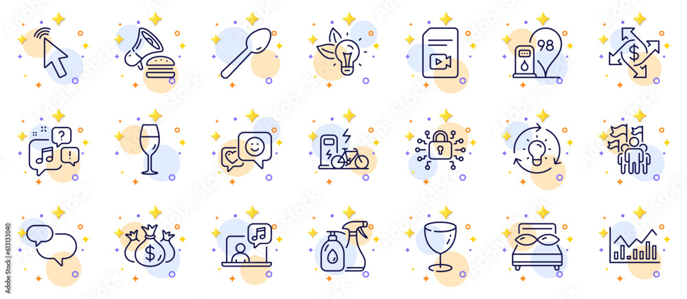 Outline set of Idea, Music and Security lock line icons for web app. Include Voicemail, Check investment, Electric bike pictogram icons. Cursor, Glass, Pillows signs. Petrol station. Vector Outline set of Idea, Music and Security lock line icons for web app. Include Voicemail, Check investment, Electric bike pictogram icons. Cursor, Glass, Pillows signs. Petrol station. Vector