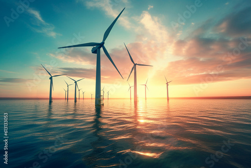 Offshore wind turbine plant in the ocean at sunrise photo