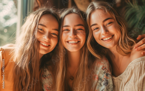 Three teenage girl friends hugging each other happily and smiling - ai generative