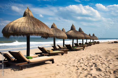 sit up lounge chairs on a beach with thatched umbrellas