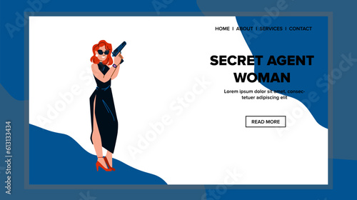 secret agent woman vector. spy person, black detective, dark security, young silhouette, caucasian fashion secret agent woman web flat cartoon illustration