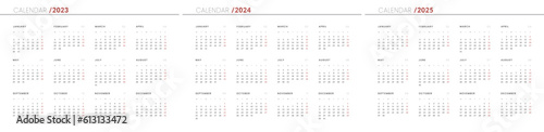 Set of 2023-2025 Annual Calendar template. Vector layout of a wall or desk simple calendar with week start monday.