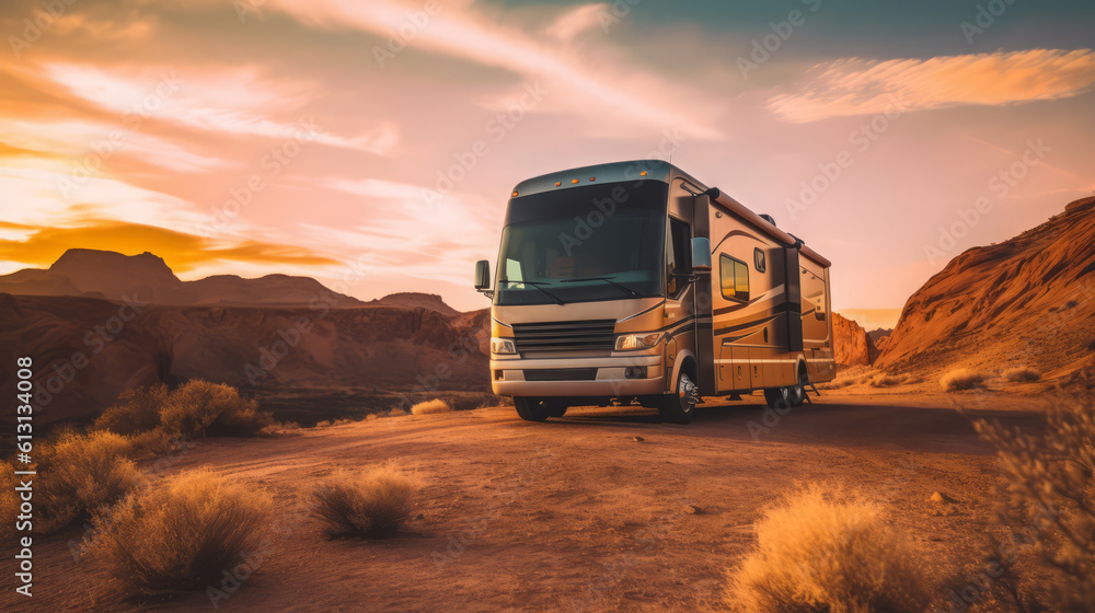 RV (Recreational Vehicle) of a beautiful Transportation with futuristic design. AI Generated. RV (Recreational Vehicle) of a beautiful Transportation with futuristic design. AI Generated.