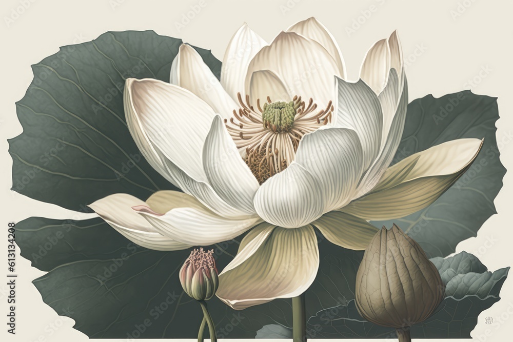 Obraz premium White Lotus Flowers Isolated, Water Lily, Tropical Lake Plant Drawing Imitation, Abstract Generative AI Illustration