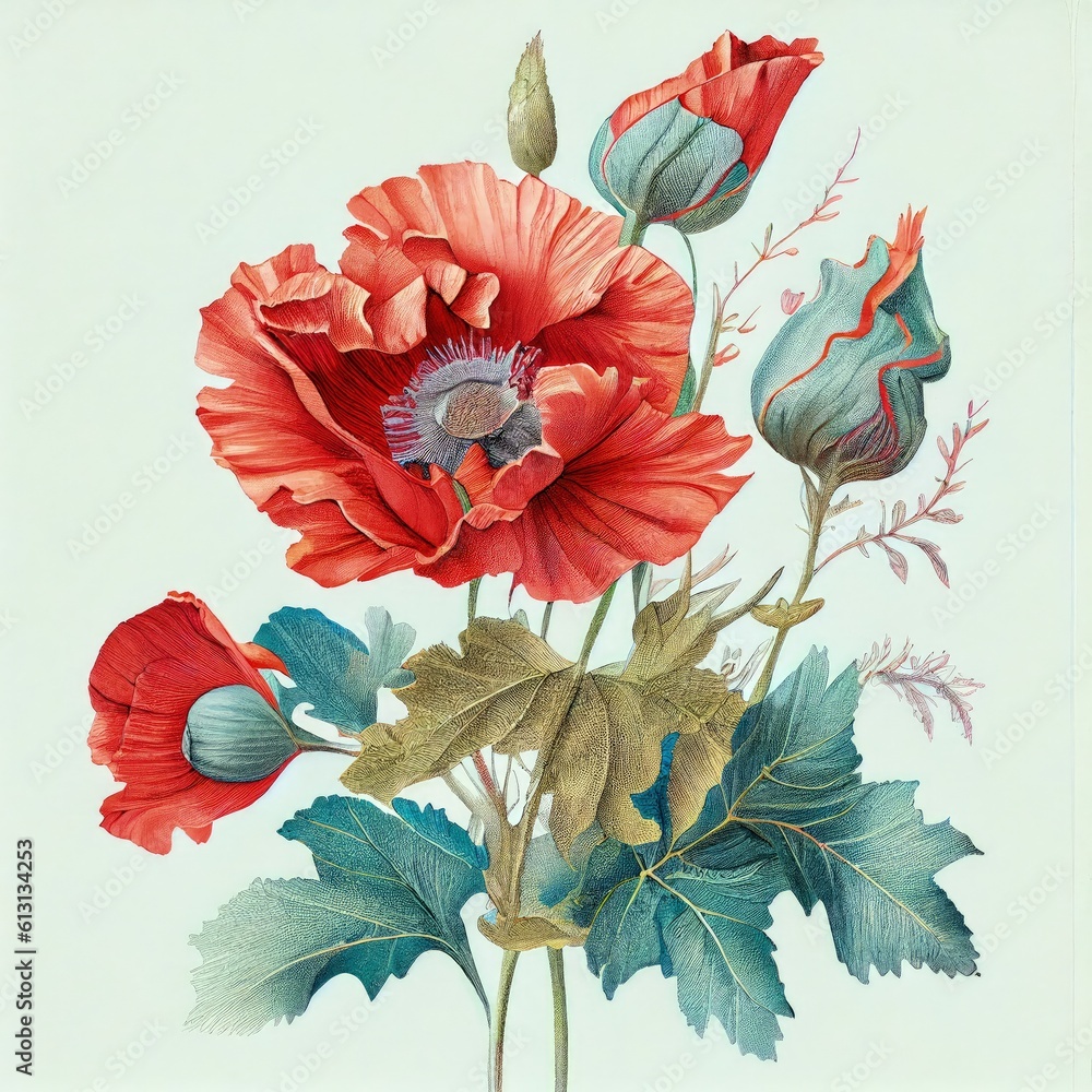 Poppy Flower Botanical Illustration, Wild Red Flowers Realistic Painting, Abstract Generative AI Illustration - obrazy, fototapety, plakaty 