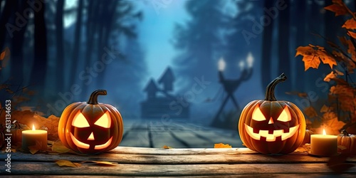 Autumn decor and halloween concept with decorative pumpkins. Vintage design on a wooden table for your projects in the forest for holidays. Fun and happy concept with copy space