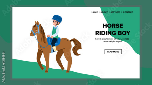 horse riding boy vector. back animal, kid man, farm saddle, young ride, child pony horse riding boy web flat cartoon illustration