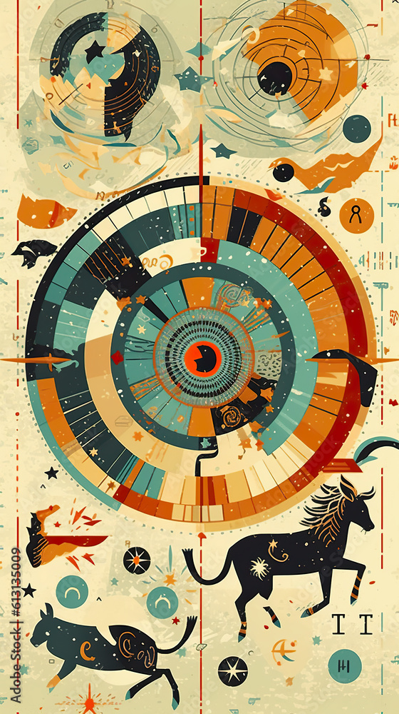 A poster with zodiac signs and animals on it. Generative AI. A poster with zodiac signs and animals on it. Generative AI.