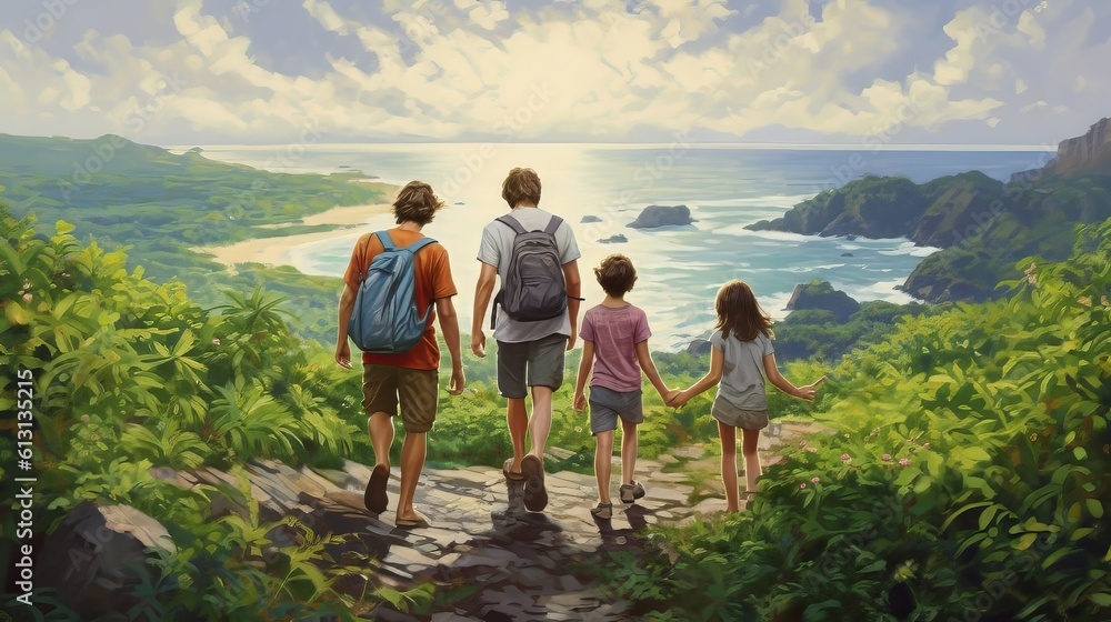 Embark on a memorable family hiking adventure, discovering scenic trails and embracing the beauty of nature. Witness their bond and spirit of exploration. Generative AI.