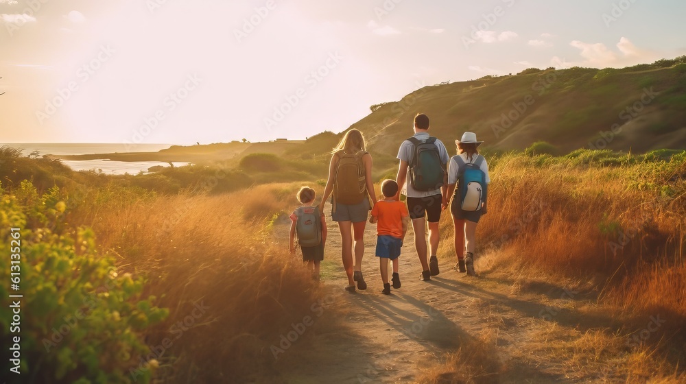 Join a family's outdoor hiking adventure, exploring scenic trails and immersing in nature's beauty. Witness their togetherness and sense of exploration. Generative AI.