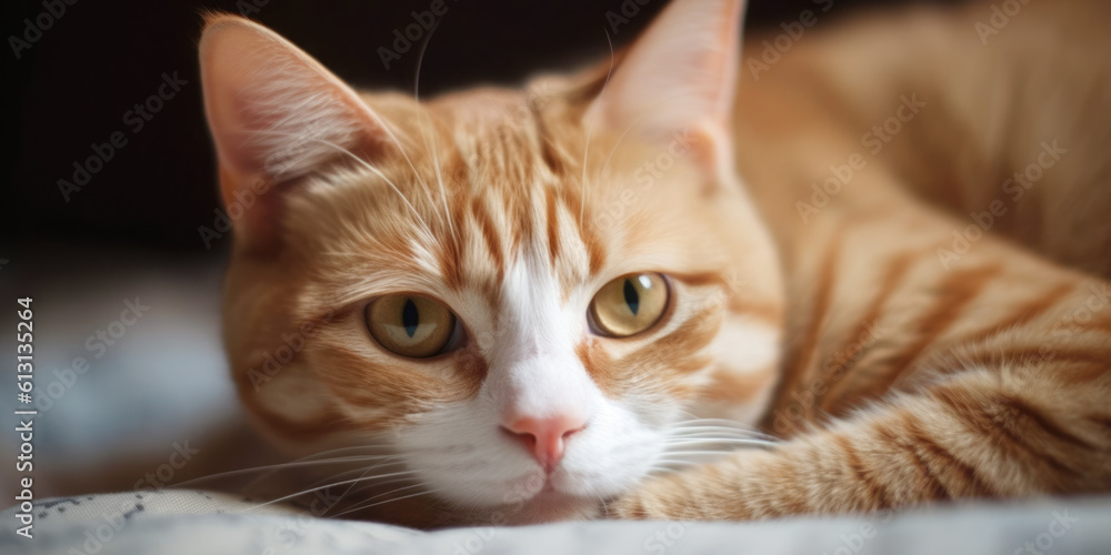 Close up portrait of a cute ginger cat lying on the pillow 