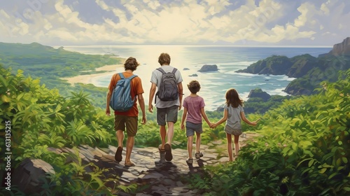 Embark on a memorable family hiking adventure, discovering scenic trails and embracing the beauty of nature. Witness their bond and spirit of exploration. Generative AI.