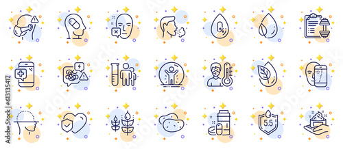 Outline set of Ph neutral, Gluten free and Face scanning line icons for web app. Include Medical analyzes, Medical drugs, Face biometrics pictogram icons. Depression treatment, Skin care. Vector