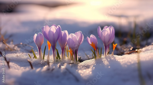 A group of purple flowers growing out of the snow. Generative AI. © Friedbert