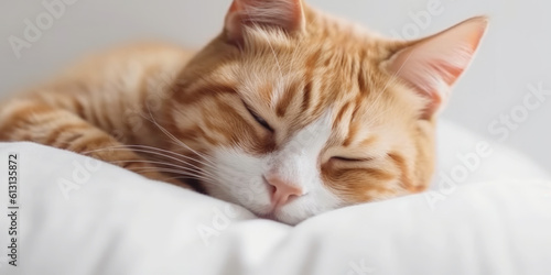 Close up portrait of a cute ginger cat sleeping on the white pillow 