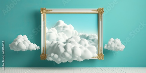 AI Generated. AI Generative. Retro classic frame anique style with 3d render clouds. Can be used for decoration or mockup design. Graphic Art photo