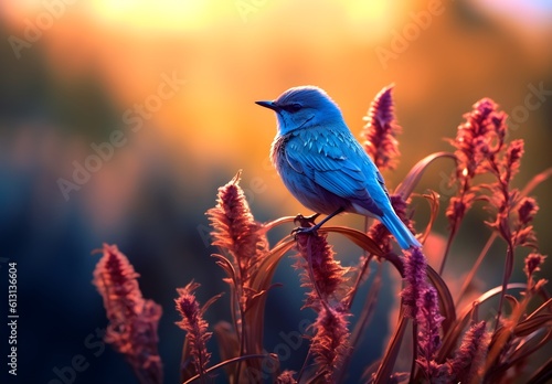 a blue bird is sitting on top of a plant © Trintin