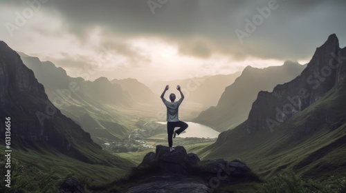 Find harmony in nature as yoga poses blend with stunning landscapes, promoting well-being and mindfulness in a serene connection between body and environment. Generative AI.