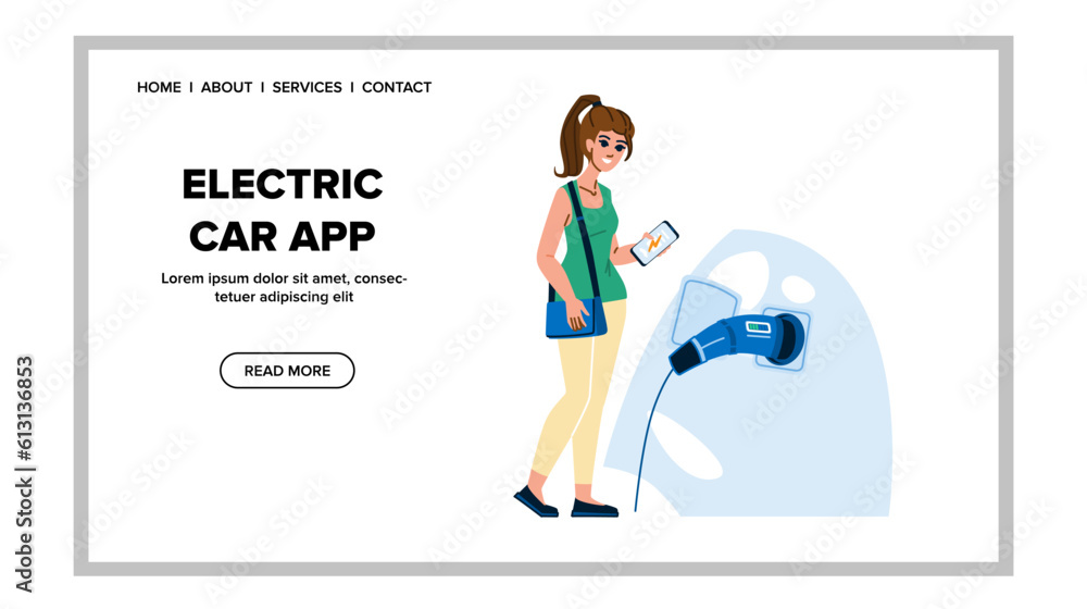 electric car app vector. vehicle technology, charge charger, battery energy, mobile future, smartphone transport electric car app web flat cartoon illustration electric car app vector. vehicle technology, charge charger, battery energy, mobile future, smartphone transport electric car app web flat cartoon illustration