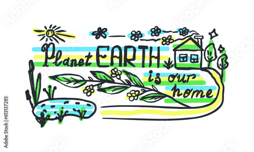Planet Earth, our common home, color drawing, text