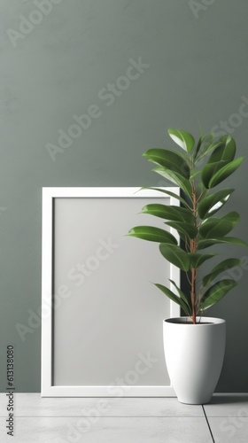Plant and White Frame Mockup on Teal Background.